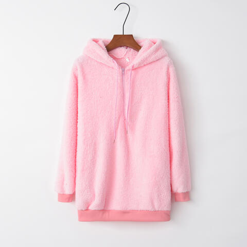 Quarter-Zip Drawstring Teddy Hoodie - Ladyez