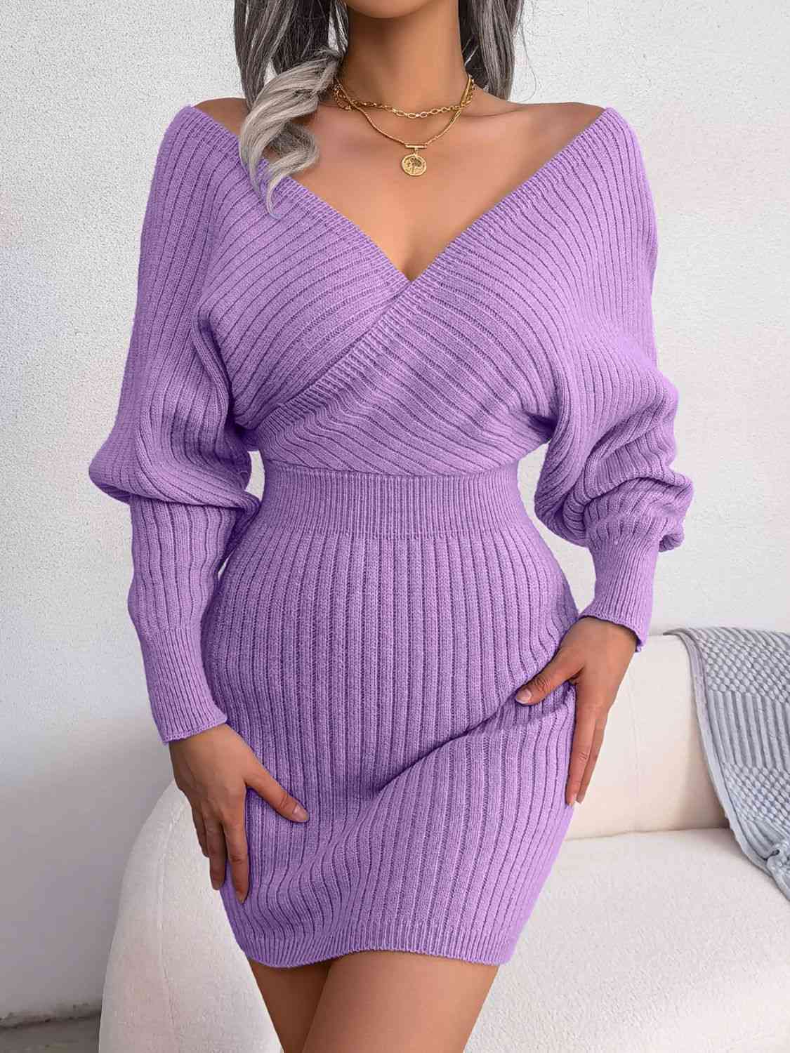 Rib-Knit Dolman Sleeve Sweater Dress - Ladyez
