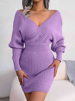 Rib-Knit Dolman Sleeve Sweater Dress - Ladyez