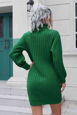 Ribbed Turtle Neck Long Sleeve Mini Sweater Dress - Ladyez