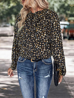 Printed Tie Neck Long Sleeve Top - Ladyez