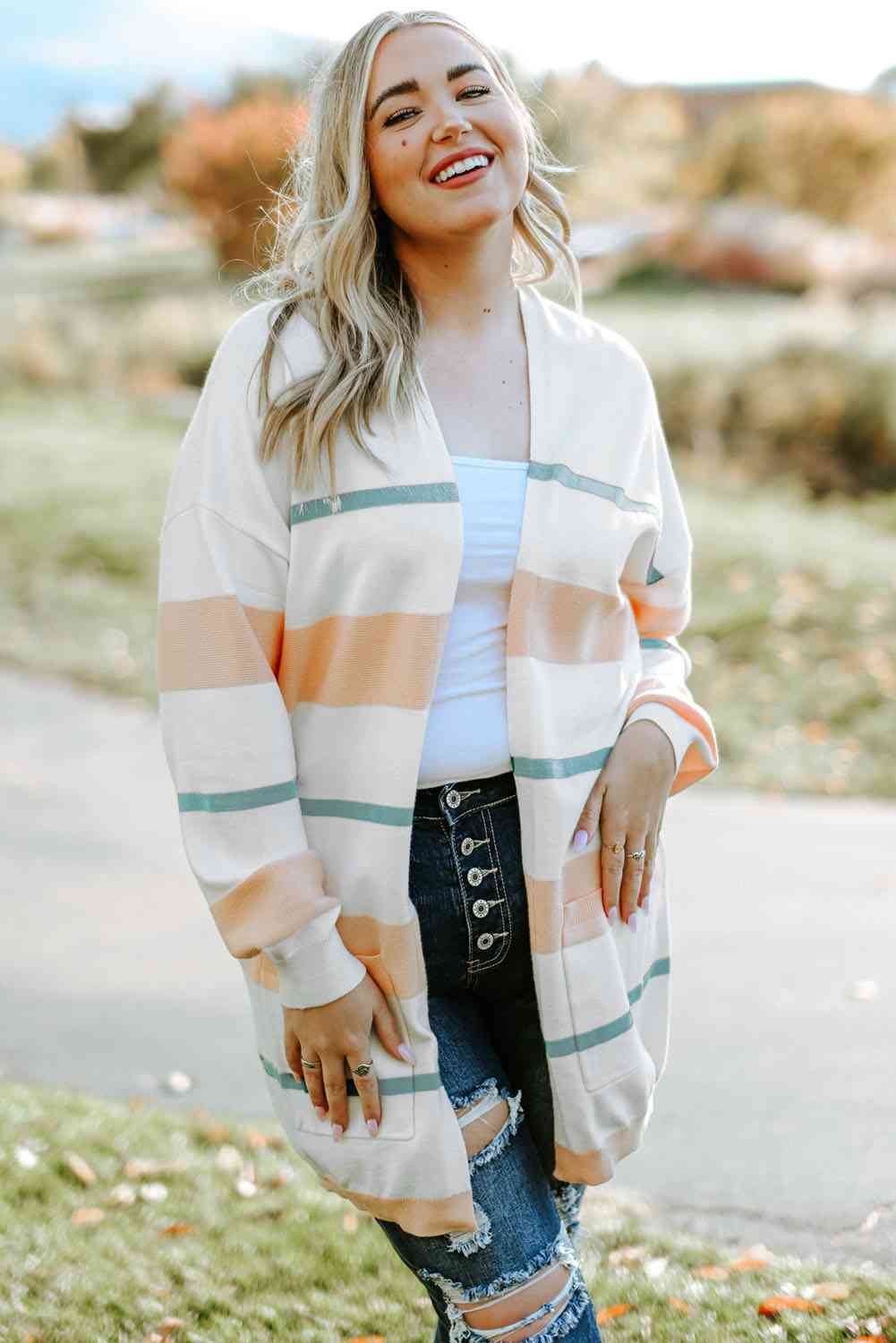 Plus Size Striped Open Front Cardigan - Ladyez