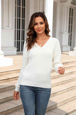 Ribbed V-Neck Dropped Shoulder Knit Top - Ladyez