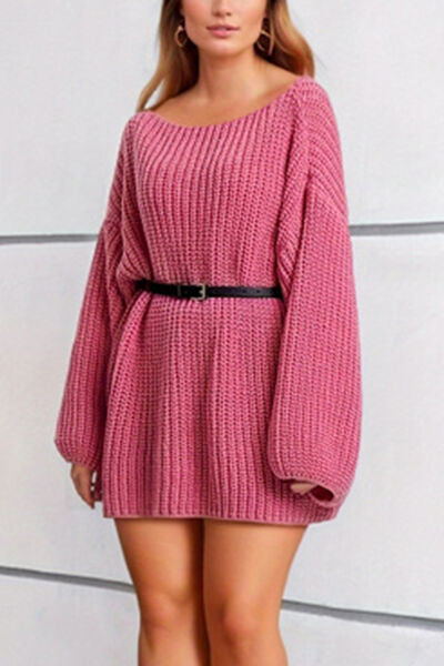 Boat Neck Dropped Shoulder Mini Sweater Dress - Ladyez