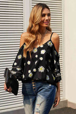 Printed Cold-Shoulder Three-Quarter Flare Sleeve Blouse - Ladyez