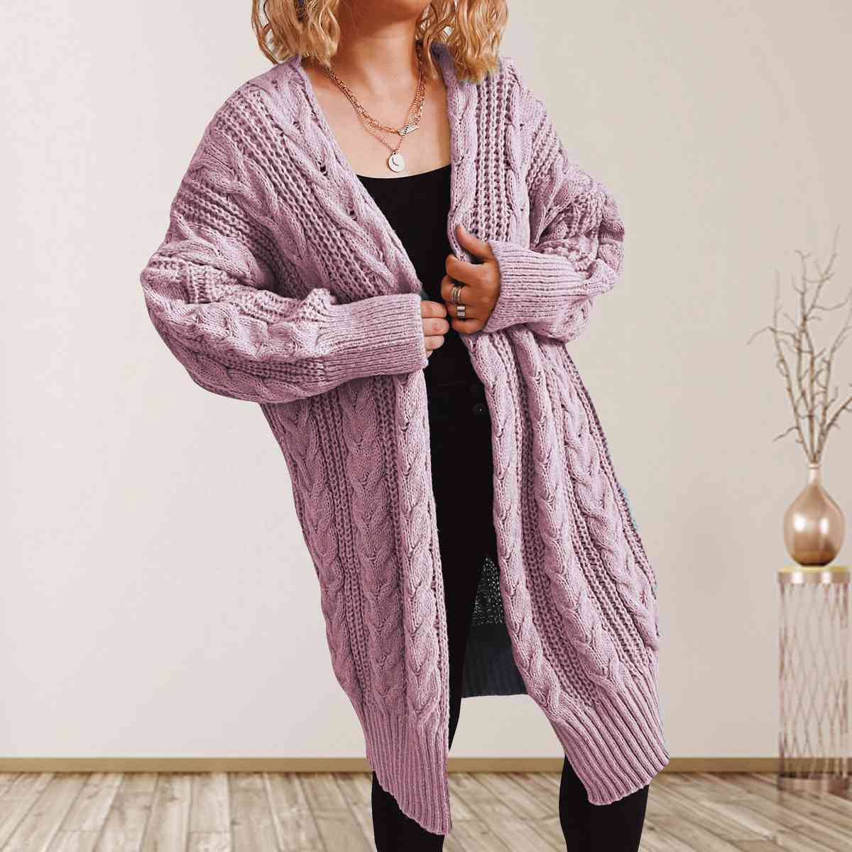 Cable-Knit Open Front Dropped Shoulder Cardigan - Ladyez