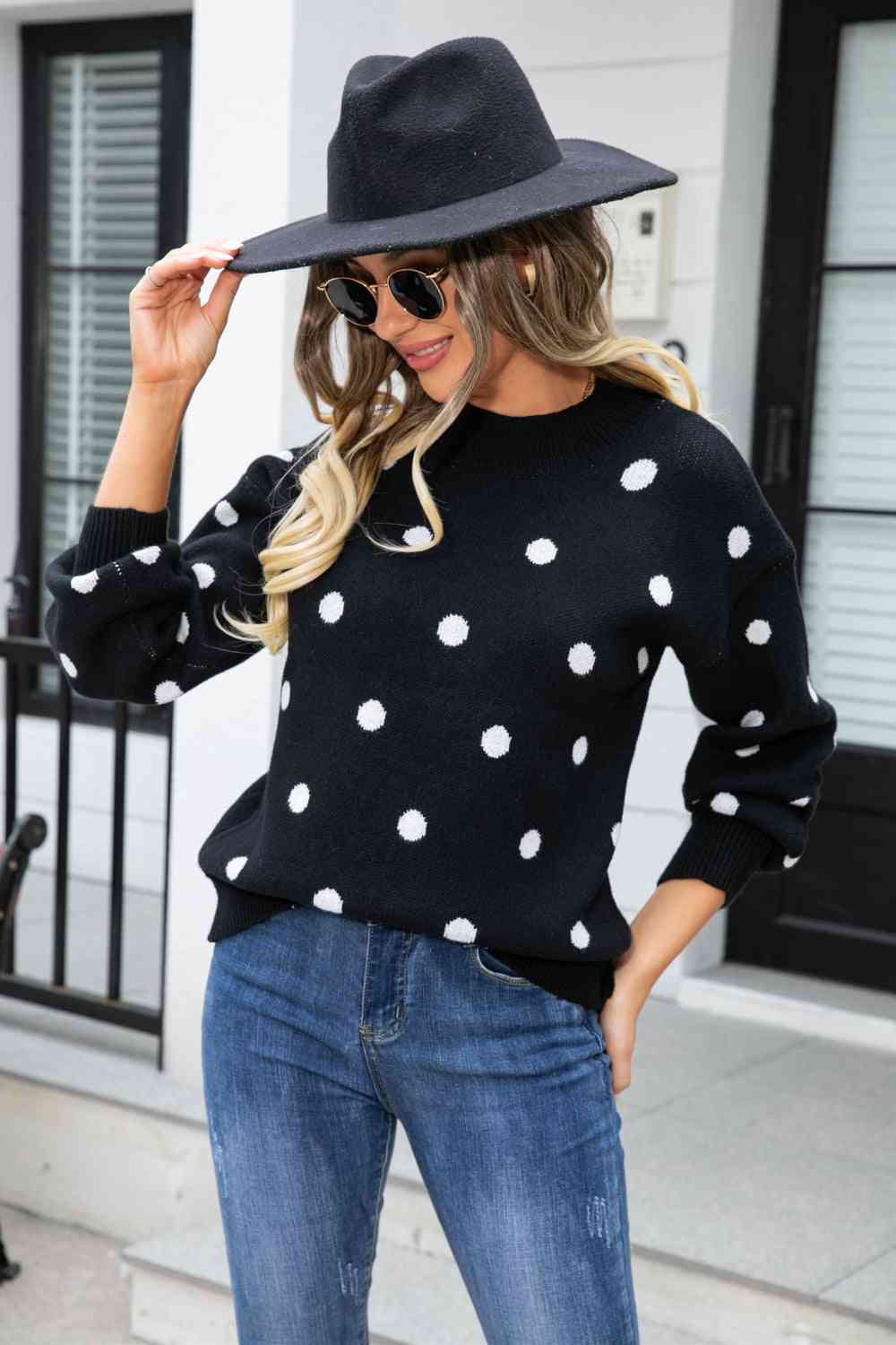 Woven Right Polka Dot Round Neck Dropped Shoulder Sweater - Ladyez