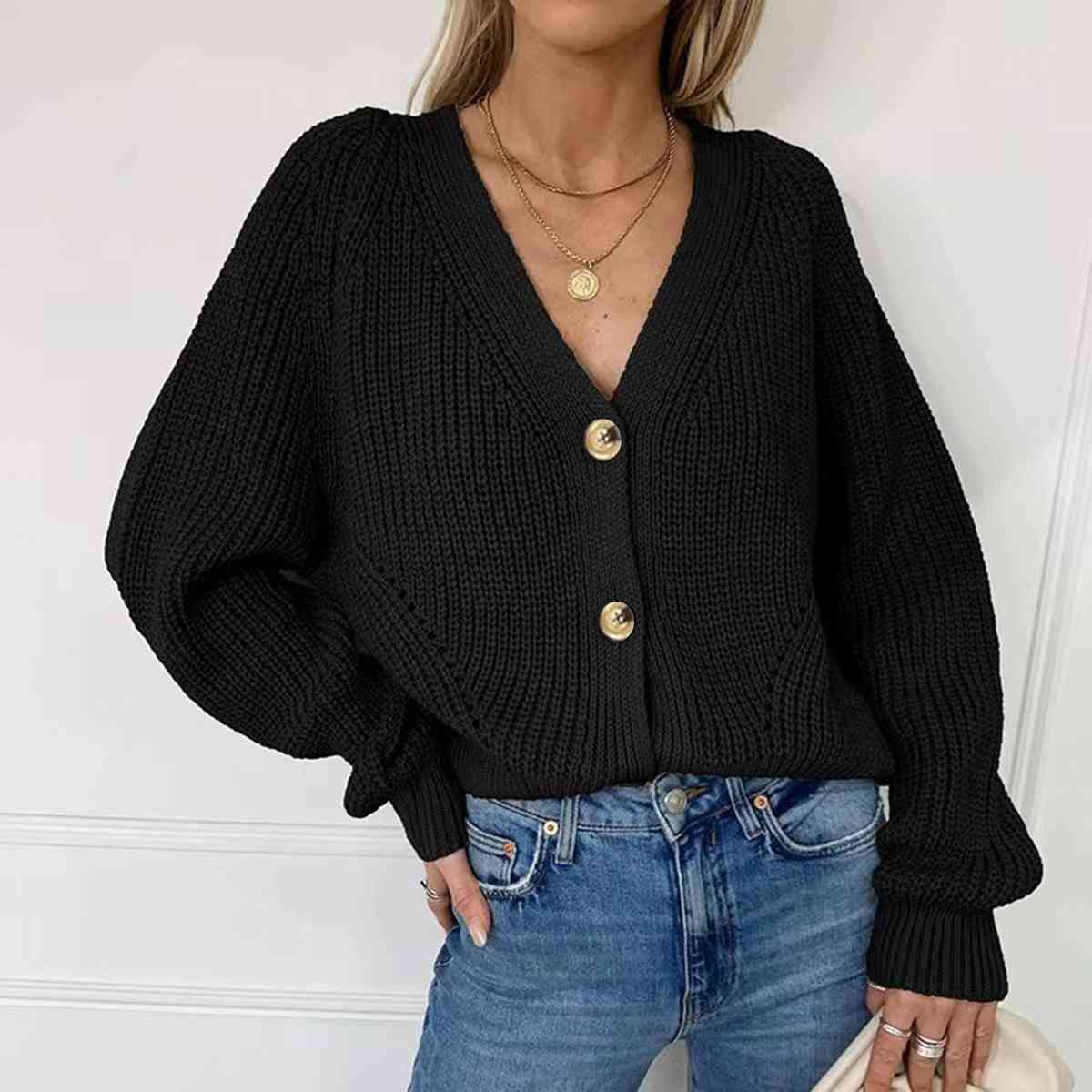 Button Up V-Neck Long Sleeve Cardigan - Ladyez