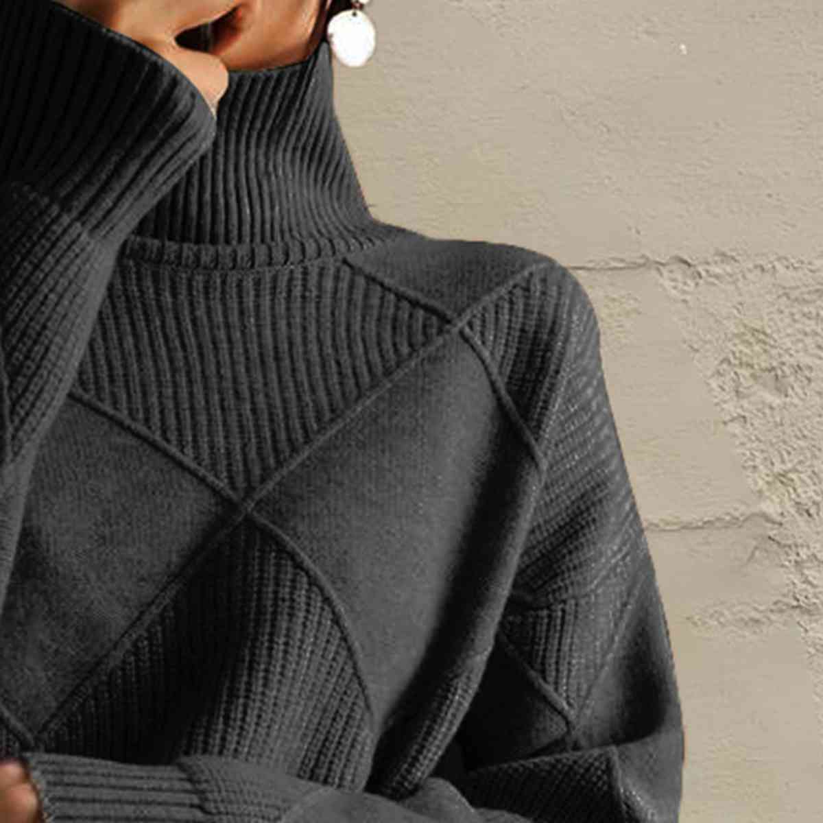 Geometric Turtleneck Long Sleeve Sweater - Ladyez