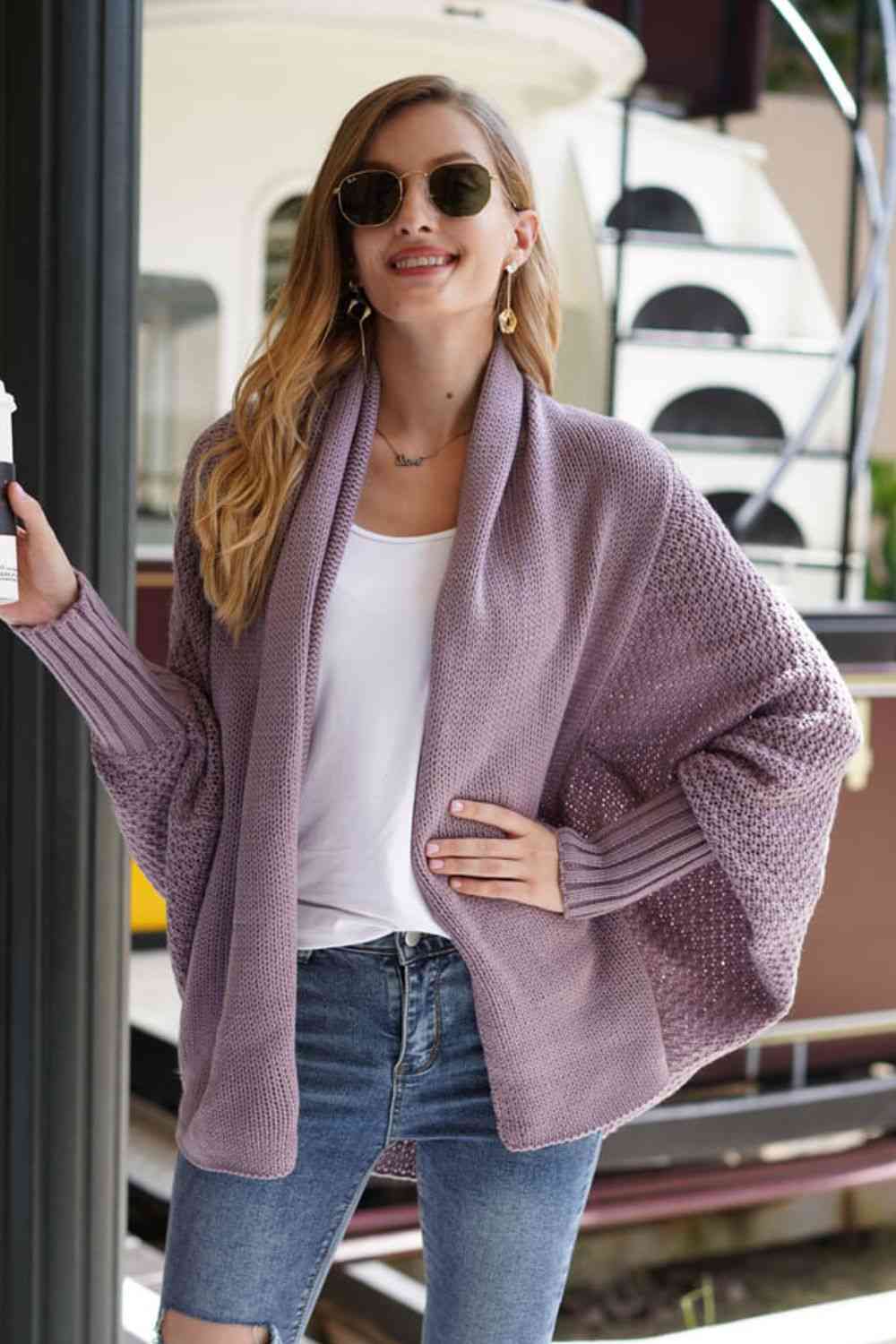 Double Take Dolman Sleeve Open Front Ribbed Trim Longline Cardigan - Ladyez