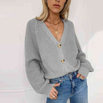 Button Up V-Neck Long Sleeve Cardigan - Ladyez