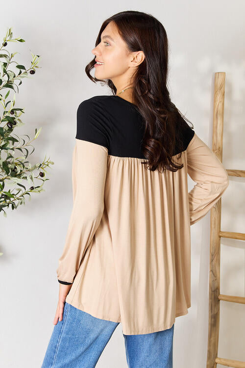 BOMBOM Contrast Long Sleeve Ruched Blouse - Ladyez