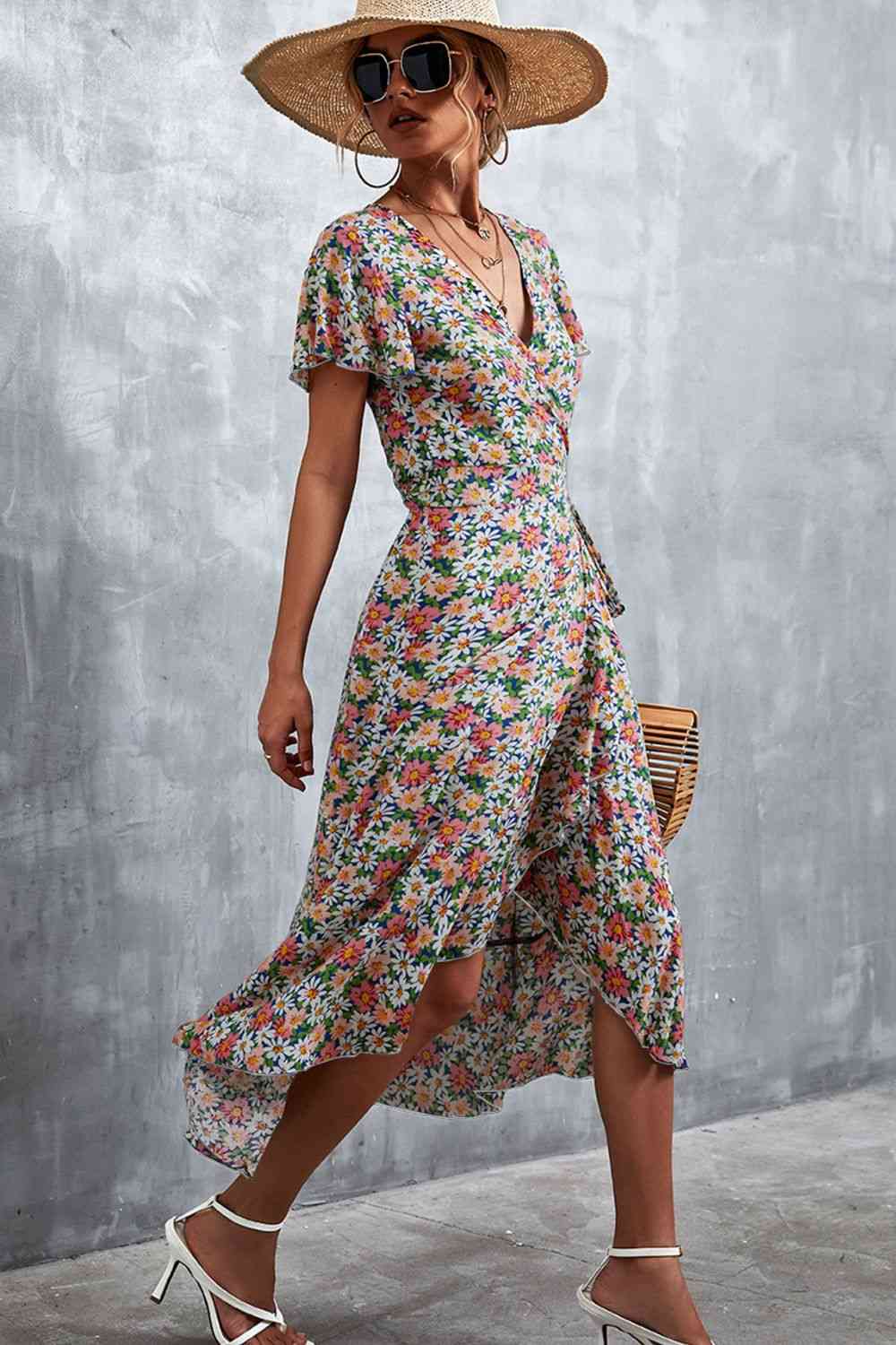 Floral Surplice Neck Tied Midi Dress - Ladyez