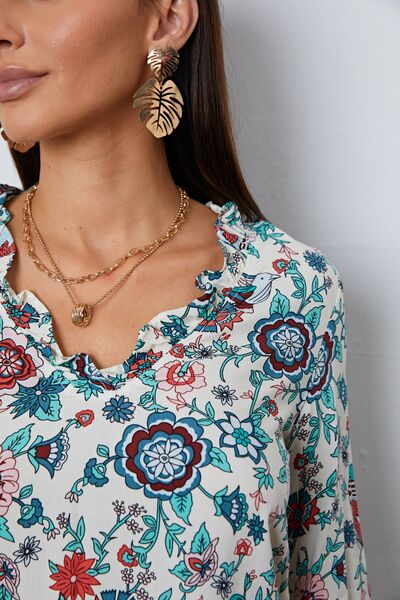 Floral Notched Long Sleeve Blouse - Ladyez