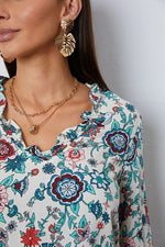 Floral Notched Long Sleeve Blouse - Ladyez
