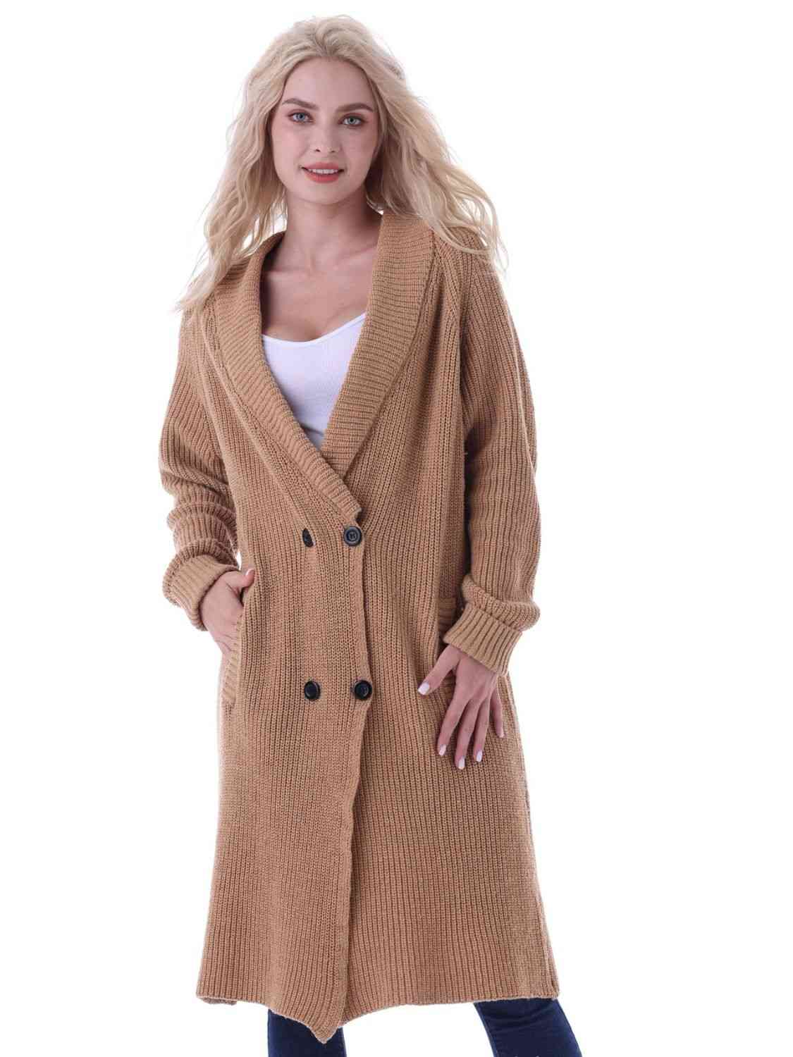 Double-Breasted Longline Cardigan with Pockets - Ladyez
