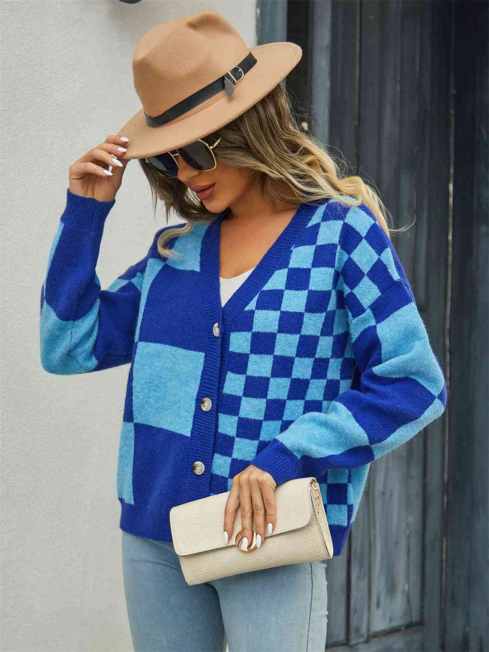 Plaid V-Neck Dropped Shoulder Cardigan - Ladyez