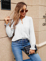 Pleated Notched Neck Flounce Sleeve Blouse - Ladyez