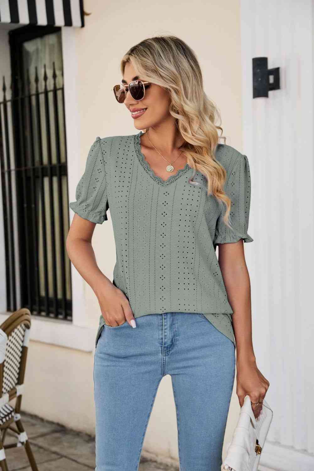 Eyelet Flounce Sleeve Scalloped V-Neck Top - Ladyez