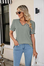 Eyelet Flounce Sleeve Scalloped V-Neck Top - Ladyez