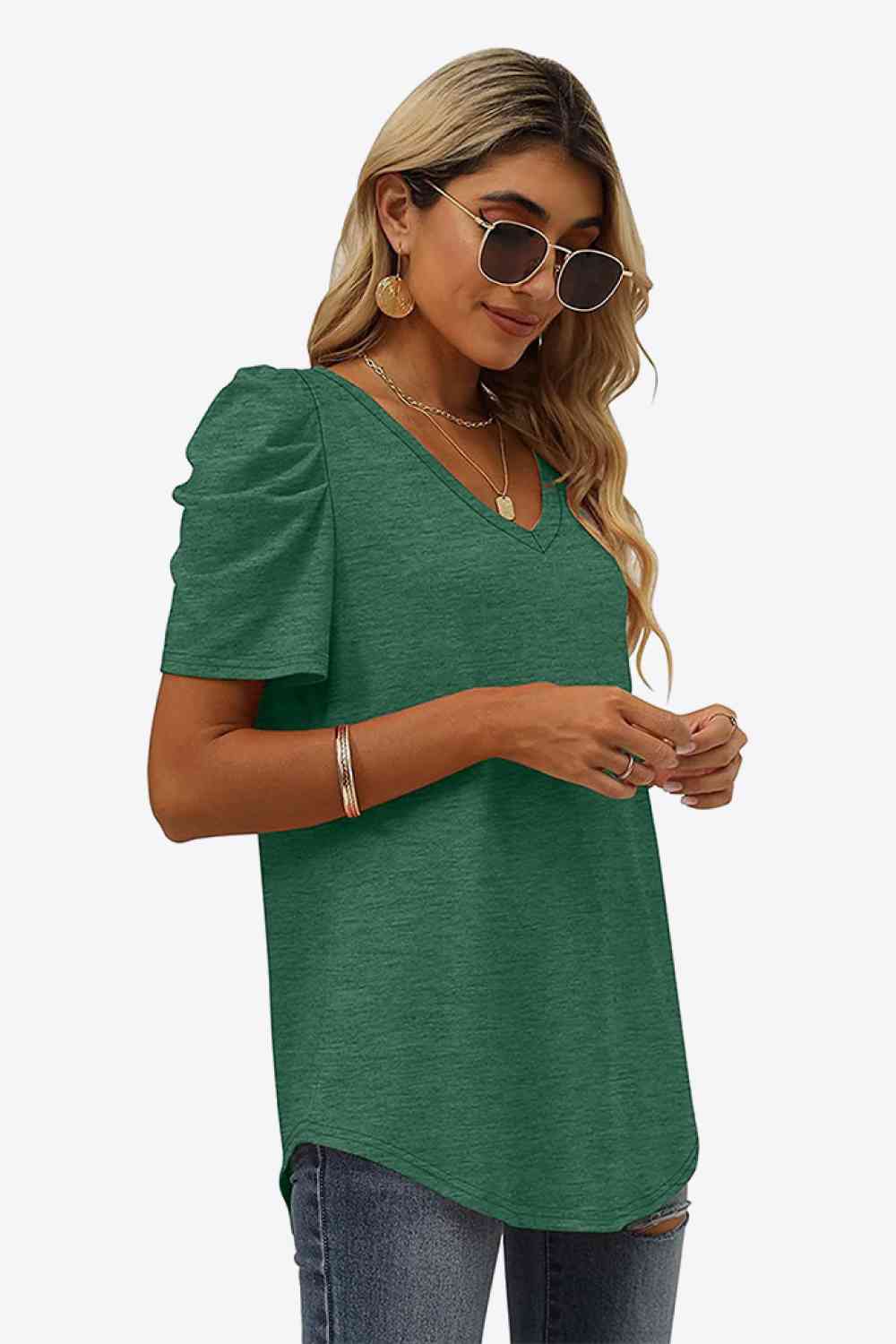 V-Neck Puff Sleeve Tee - Ladyez