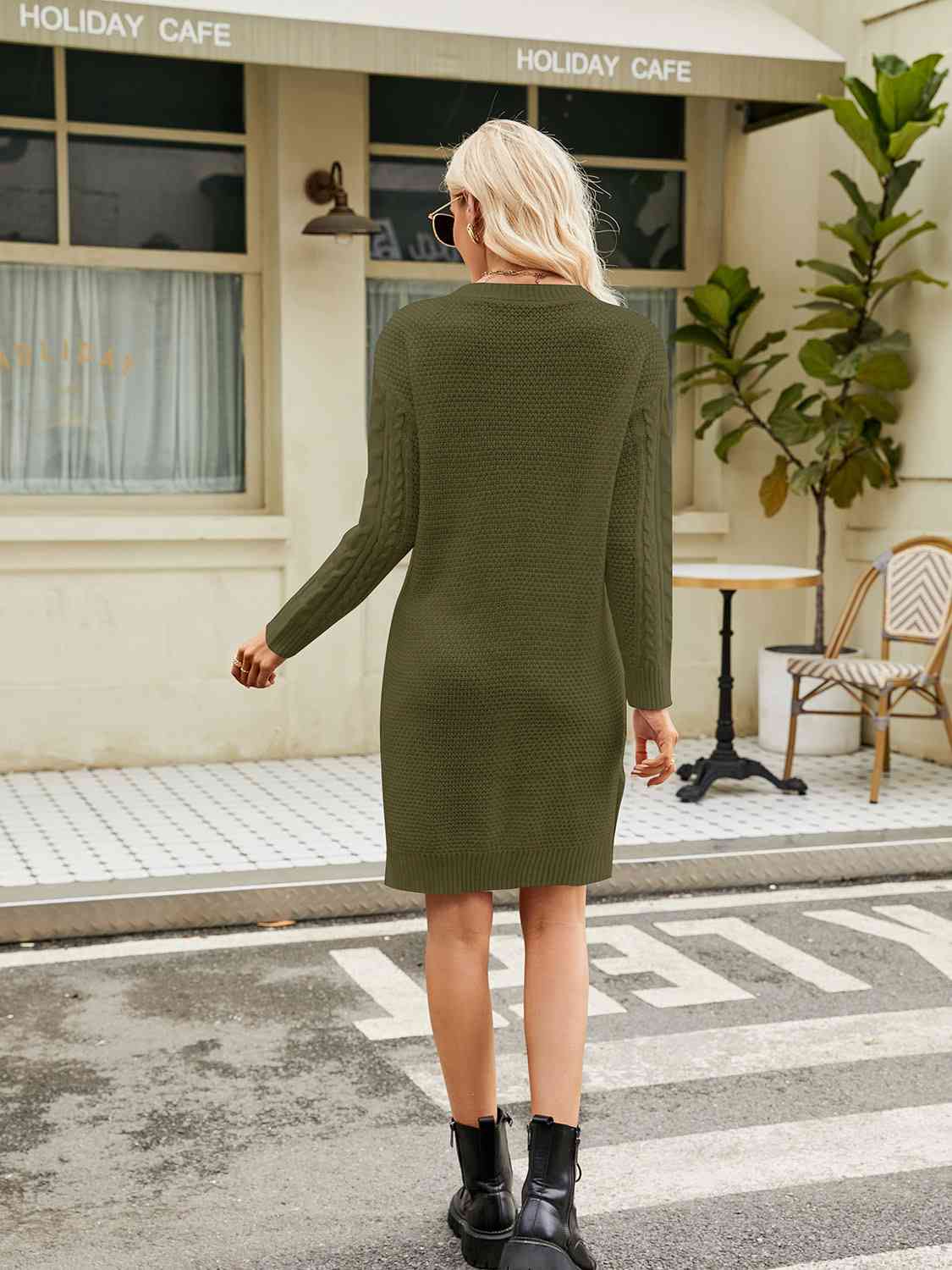 Notched Neck Cable-Knit Slit Sweater Dress - Ladyez