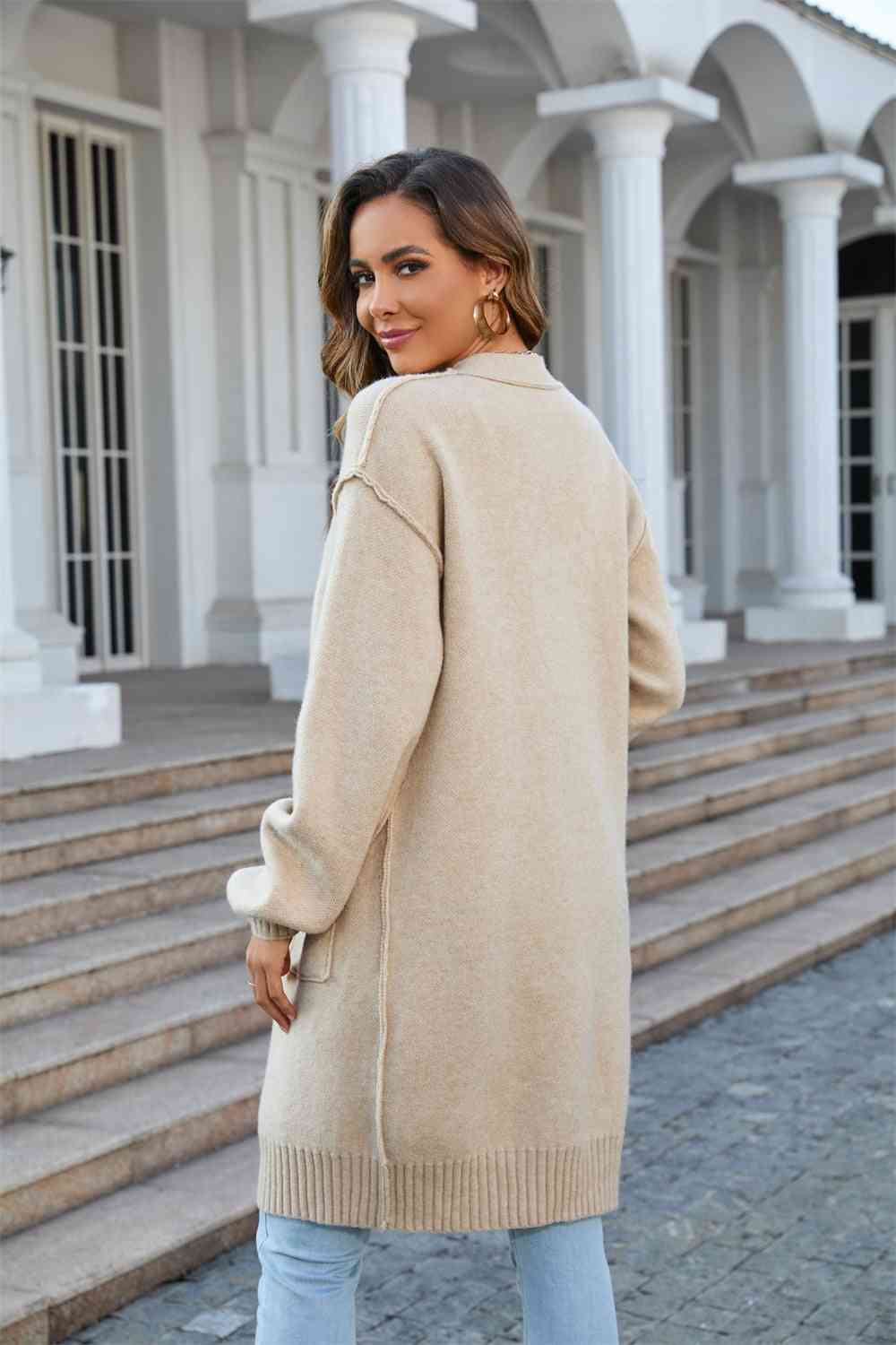 Open Front Dropped Shoulder Cardigan with Pocket - Ladyez