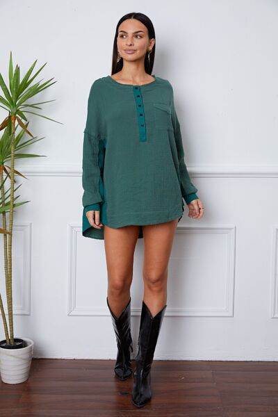 Half Button Up Round Neck Blouse - Ladyez