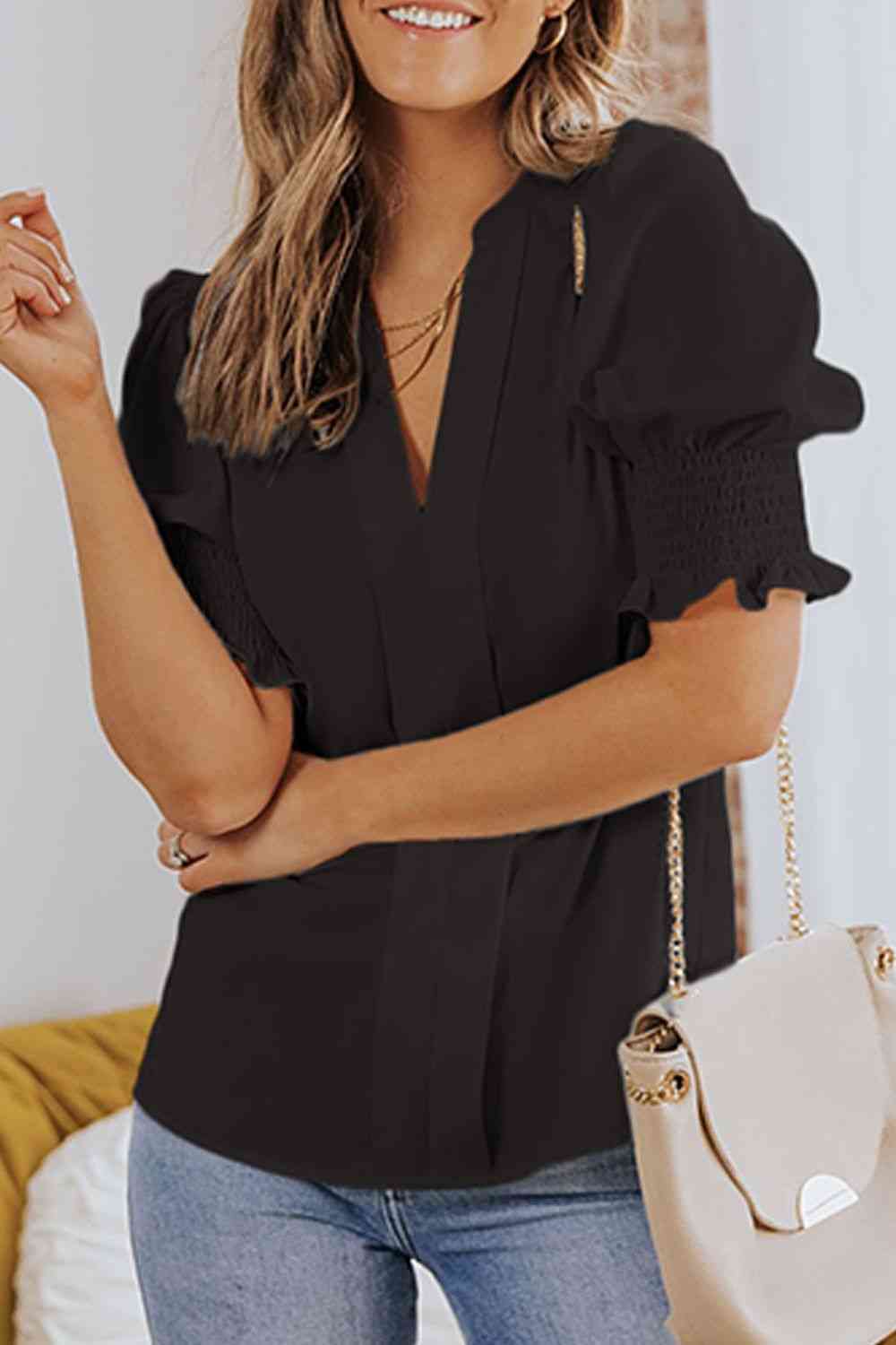 Smocked Flounce Sleeve Notched Neck Blouse - Ladyez