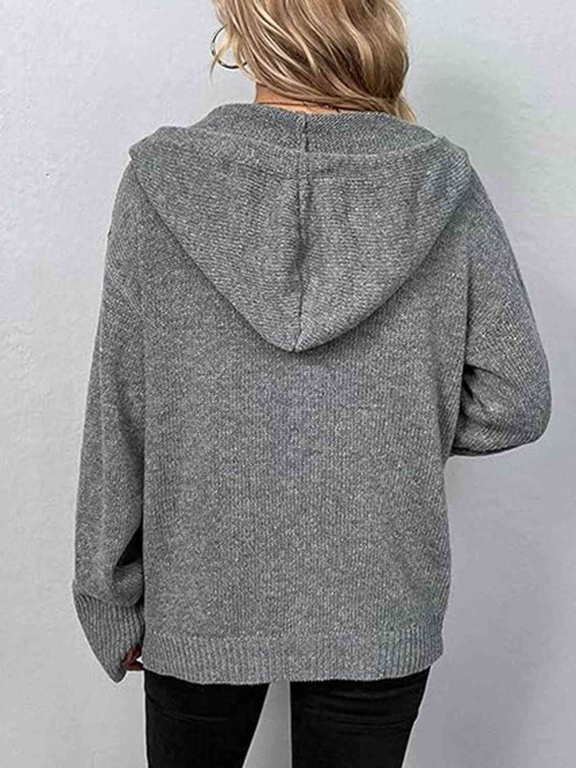 Button Up Drawstring Long Sleeve Hooded Cardigan - Ladyez