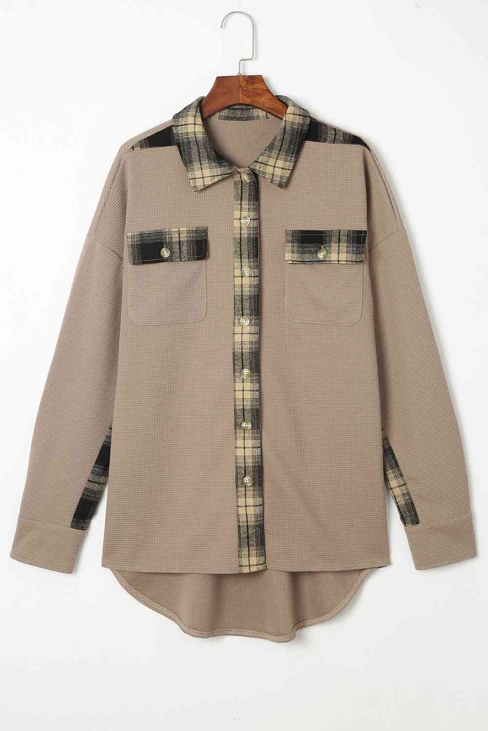 Plaid Button Down Collared Jacket - Ladyez