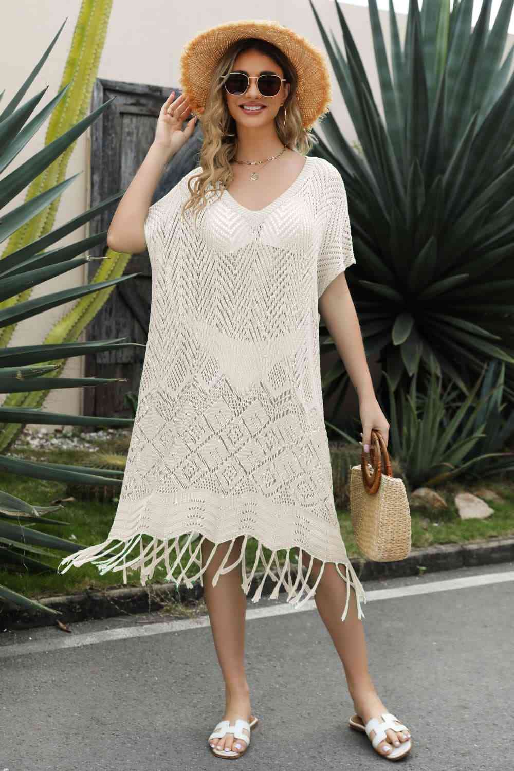 V-Neck Short Sleeve Fringe Hem Knit Dress - Ladyez