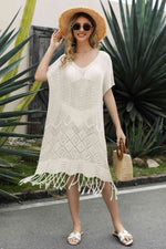 V-Neck Short Sleeve Fringe Hem Knit Dress - Ladyez