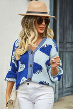 Printed V-Neck Button-Down Long Sleeve Cardigan - Ladyez