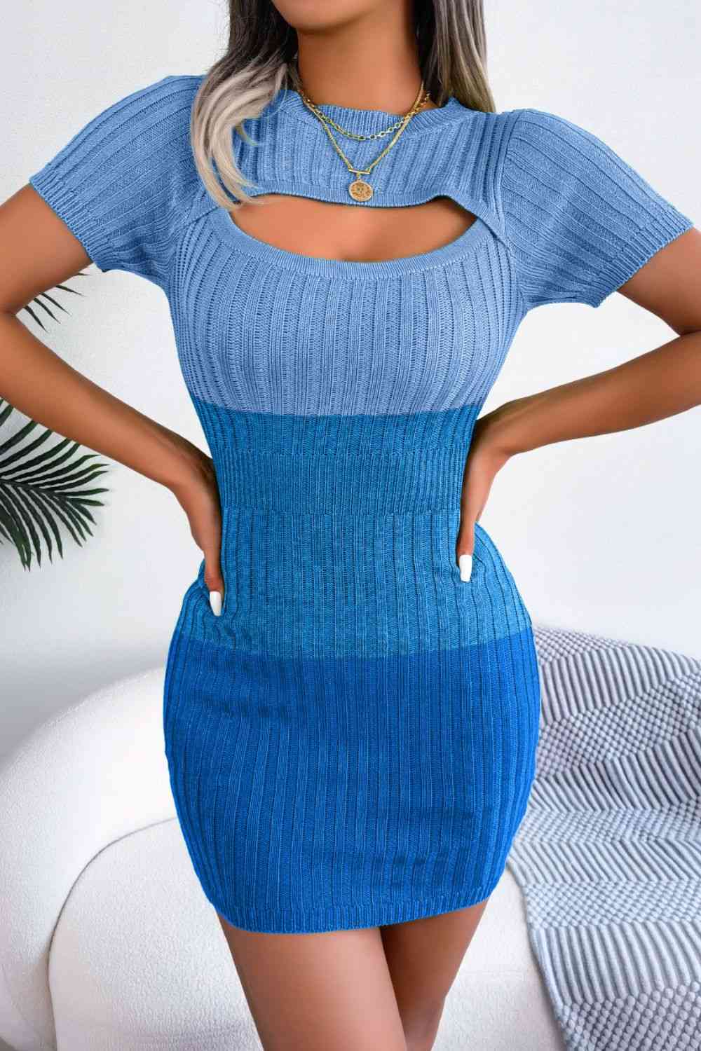 Color Block Cutout Short Sleeve Sweater Dress - Ladyez