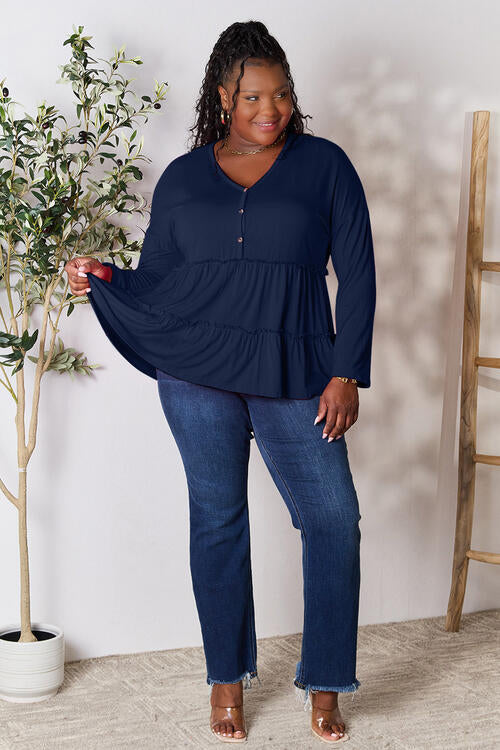 Double Take Half Button Long Sleeve Ruffle Hem Blouse - Ladyez