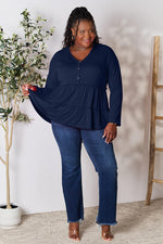 Double Take Half Button Long Sleeve Ruffle Hem Blouse - Ladyez