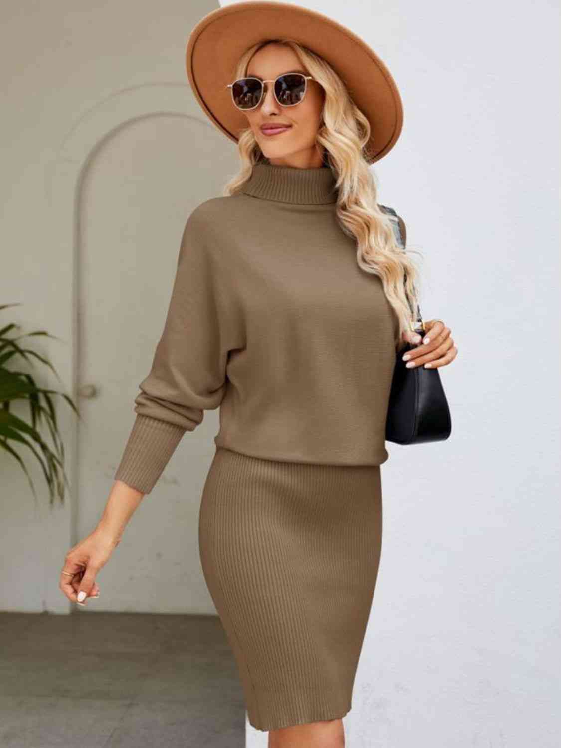 Turtle Neck Long Sleeve Ribbed Sweater Dress - Ladyez