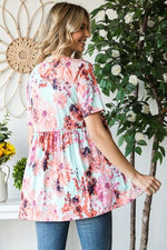 Heimish Full Size Floral V-Neck Short Sleeve Babydoll Blouse - Ladyez