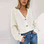 Button Up V-Neck Long Sleeve Cardigan - Ladyez