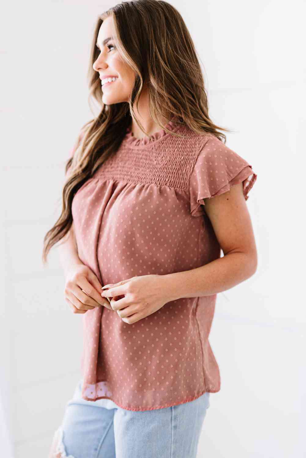 Polka Dot Smocked Flutter Sleeve Blouse - Ladyez