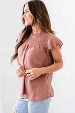 Polka Dot Smocked Flutter Sleeve Blouse - Ladyez