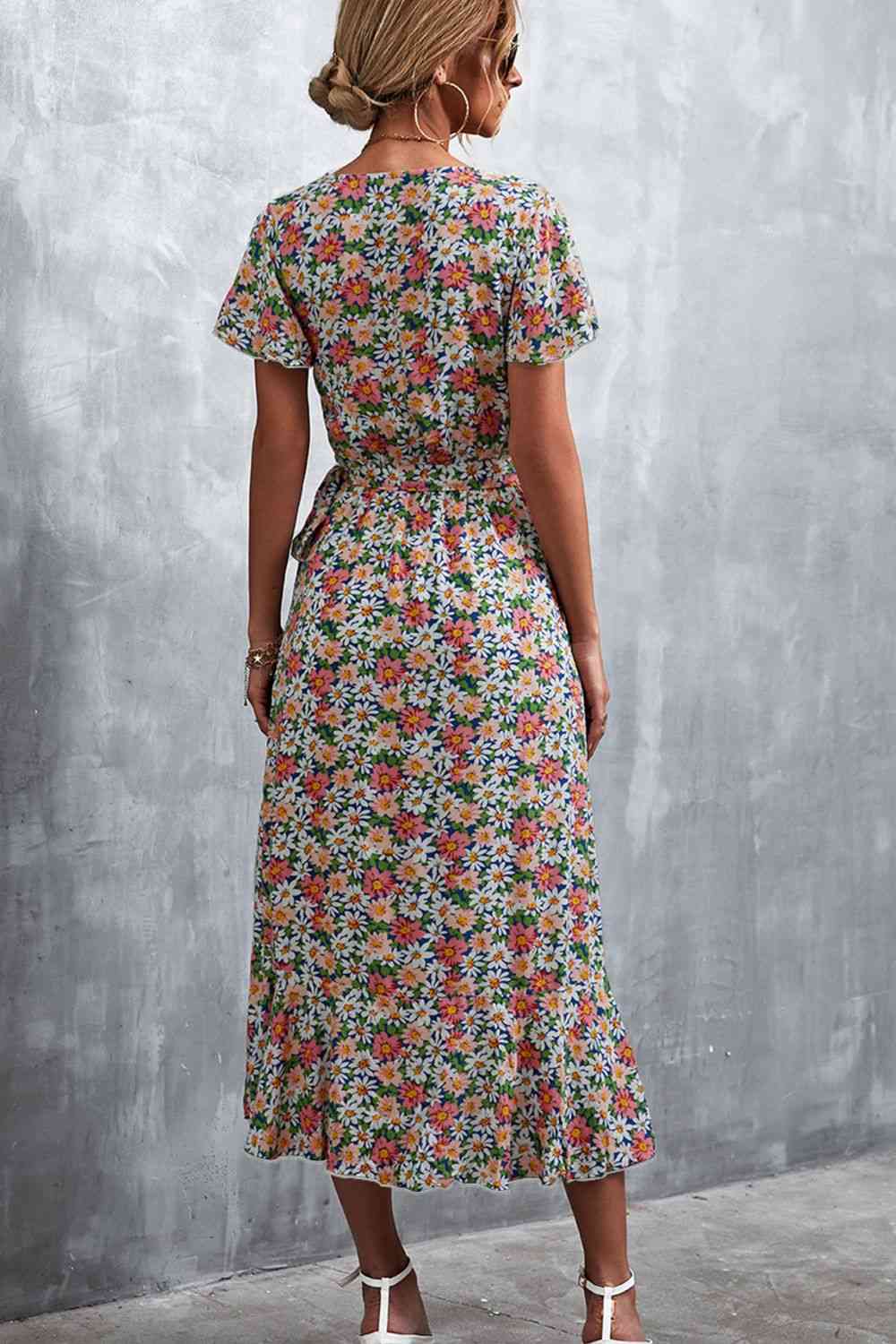 Floral Surplice Neck Tied Midi Dress - Ladyez
