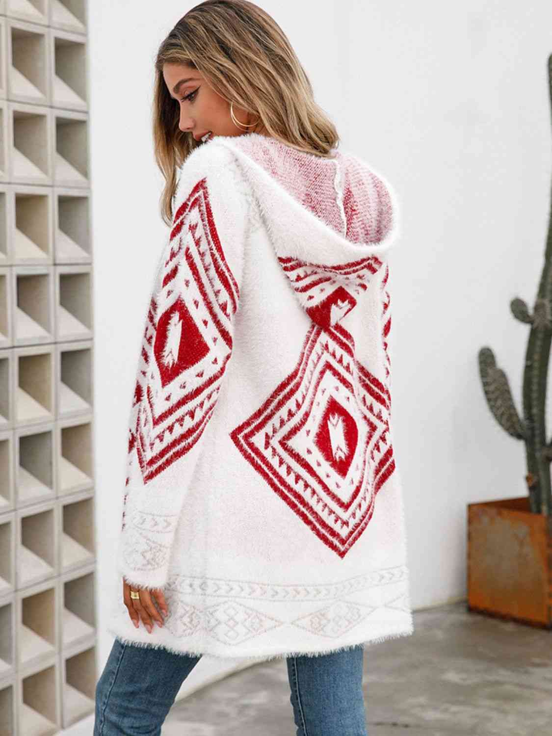 Geometric Fuzzy Hooded Cardigan - Ladyez