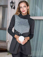 Two-Tone Funnel Neck Long Sleeve Top - Ladyez