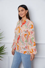 Floral Frill Notched Long Sleeve Blouse - Ladyez
