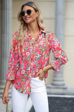 Floral Button Up Flounce Sleeve Shirt - Ladyez