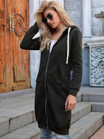 Double Take Full Size Zip-Up Longline Hoodie with Pockets - Ladyez