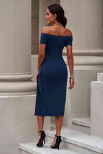 Off-Shoulder Short Sleeve Split Dress - Ladyez