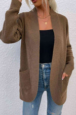 Open Front Rib-Knit Cardigan with Pockets - Ladyez